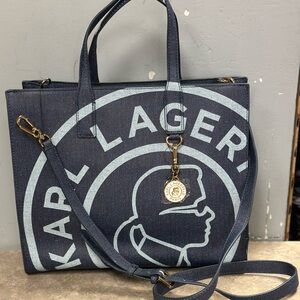 Karl Lagerfeld Dark Blue Denim Tote with Gold Hardware